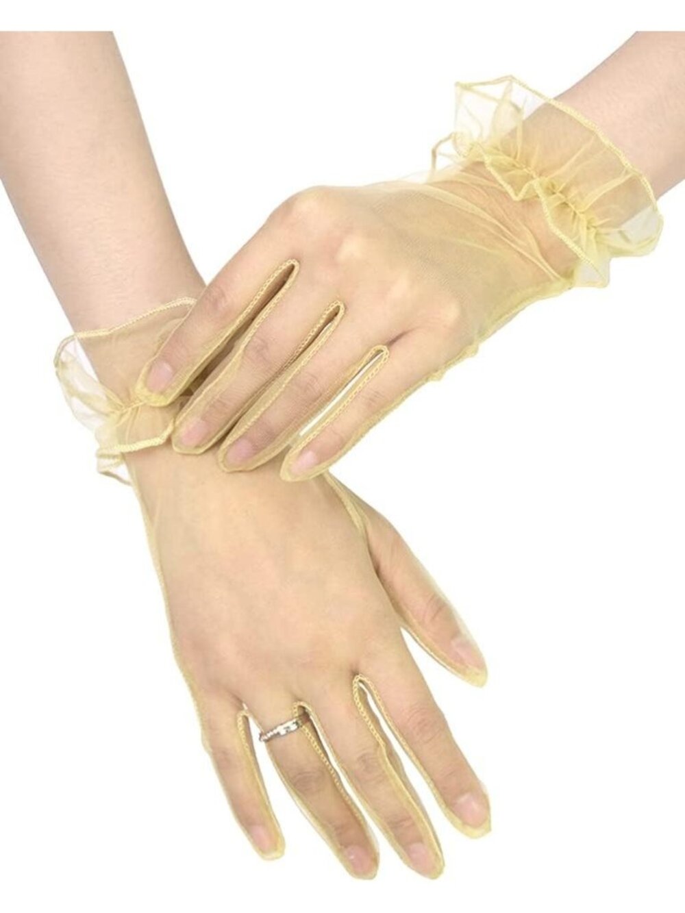 Women's Gold Ruffled Short Sheer Wrist Length Halloween Tulle Mesh Gloves